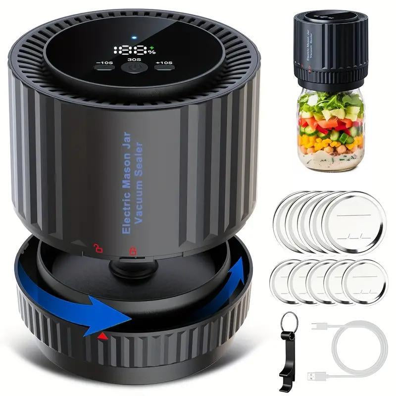 Electric Mason Jar Vacuum Sealer, Kitchen Gadgets, with 10 Lids & Cable & Tool,Suitable for Covered Food Storage & Fermentation, Kitchen Applicances for New Home